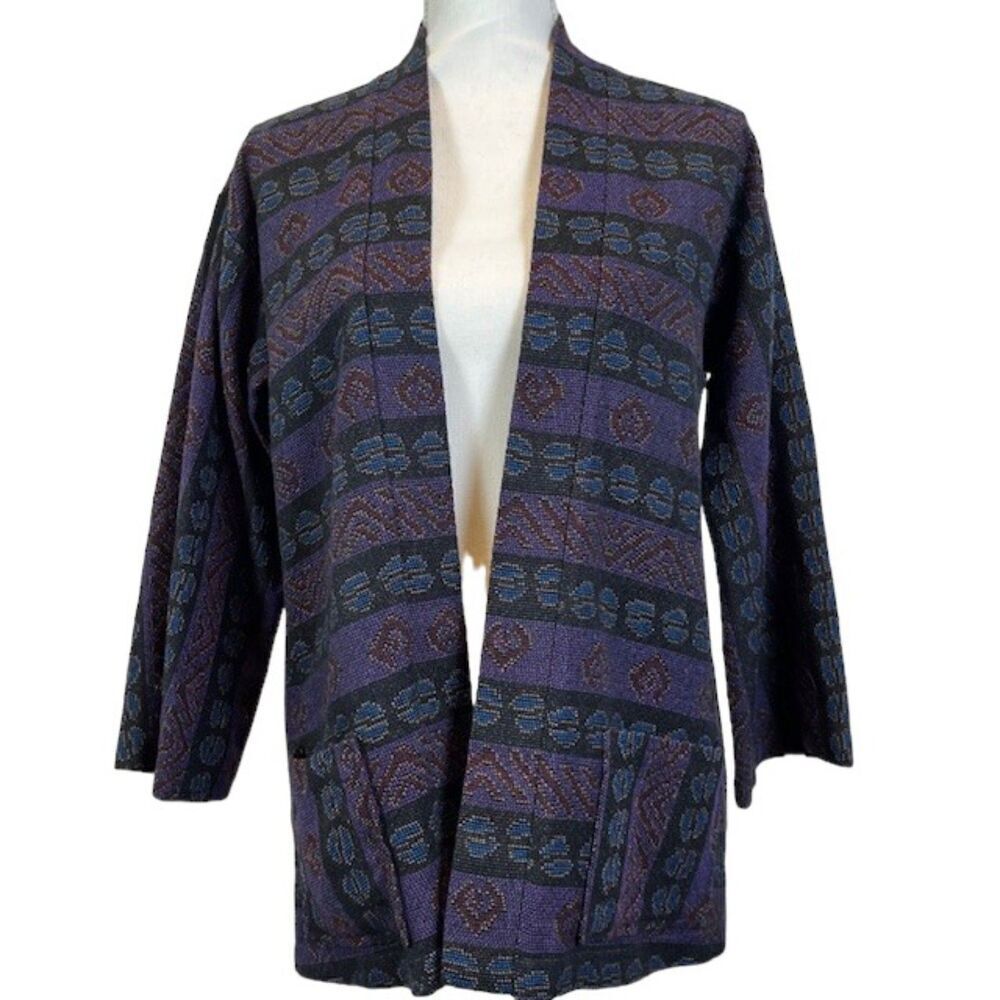 Tucker 100% Wool Woven Print Open Front Blazer Print Wide Sleeve Size L / XL‎